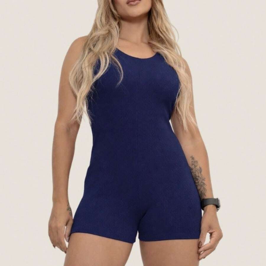 Beachwear Brazil Women's Short Jumpsuit Fitness Navy Blue Ribbed Knit U-Neck Unpadded And Unlined Simple Casual For Workout Gym Pilates Yoga Fashion Summer Casual Elegant - 藏蓝色 - 查看 1
