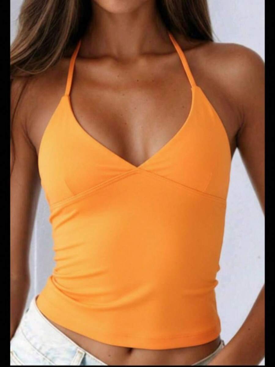 Minimalist Halter Top With V-Neck And Neck Tie - Summer - Naranja - Ver 1