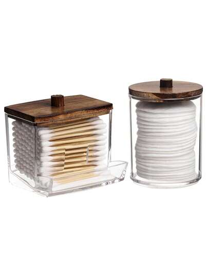 2 Packs Qtip Holder Storage Canister For Ball, Swab, Pads, Floss; 10/7-Ounce Clear Plastic Apothecary Jar With Lid, Bathroom Makeup Organizer