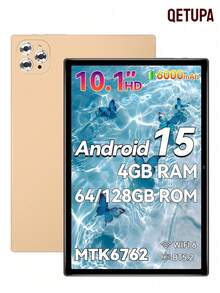 Qetupa 10.1英寸安卓15平板电脑，4GB RAM + 64GB ROM，MTK 6762八核1.8GHz处理器，高清(1280x800) IPS触摸屏，蓝牙5.2和802.11ac WiFi 5，GPS，500万像素前置摄像头和1300万像素后置摄像头，6000mAh大容量电池，不支持SIM卡，适合儿童/成人的圣诞礼物（不含适配器） - 金色 - 查看 1