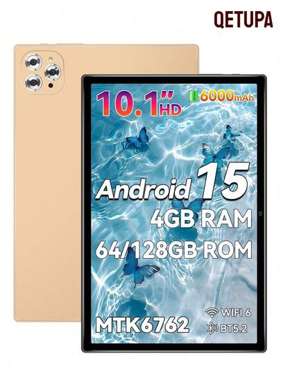 Qetupa 10.1英寸安卓15平板电脑，4GB RAM + 64GB ROM，MTK 6762八核1.8GHz处理器，高清(1280x800) IPS触摸屏，蓝牙5.2和802.11ac WiFi 5，GPS，500万像素前置摄像头和1300万像素后置摄像头，6000mAh大容量电池，不支持SIM卡，适合儿童/成人的圣诞礼物（不含适配器）