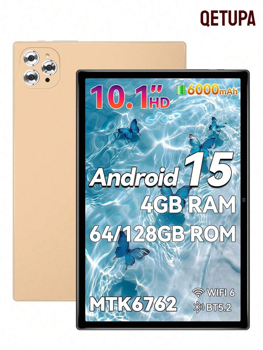 Qetupa 10.1英寸安卓15平板电脑,4GB RAM + 64GB ROM,MTK 6762八核1.8GHz处理器,高清(1280x800) IPS触摸屏,蓝牙5.2和802.11ac WiFi 5,GPS,500万像素前置摄像头和1300万像素后置摄像头,6000mAh大容量电池,不支持SIM卡,适合儿童/成人的圣诞礼物(不含适配器) - 金色 - 查看 1