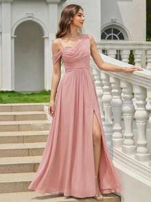 EVERPRETTY Rochie de vară nouă, roz, din șifon, broderie, aplicații, drapat, cu guler, domnișoare de onoare, potrivită pentru nunți, cine formale, ocazii speciale, petreceri de ziua de naștere, primăvară - Roz - Vizualizare 2