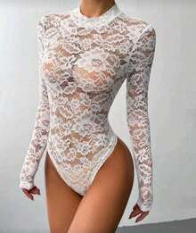 Women's Sexy Long Sleeve Tulle Lace Bodysuit With Delicate Flower, Transparent, Sizes S, M, L. Sensual Clothing, Night Outfit, Party Look, Elegant Style, Romantic, Lingerie, Fashion, , Blogger Style, Winter And Autumn, Night Out, All Print, Transparent, Cutout Fabric, Transparent, Cutout Fabric - 白色 - 查看 4
