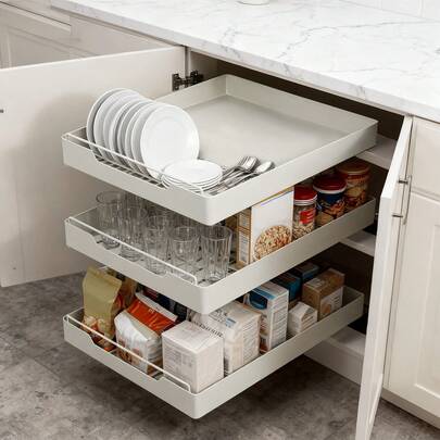 Pull Out Cabinet Organiser, Adjustable Kitchen Cupboard Storage Rack, No Drilling Or Nailing Required