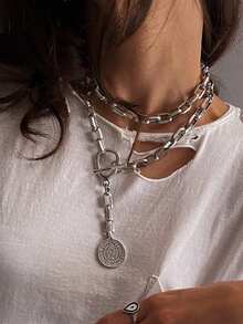 1件装时尚朋克风圆形几何OT链项链，不锈钢银色吊坠项链，男女皆宜，适合日常、派对、音乐节佩戴 - 銀色 - 查看 2