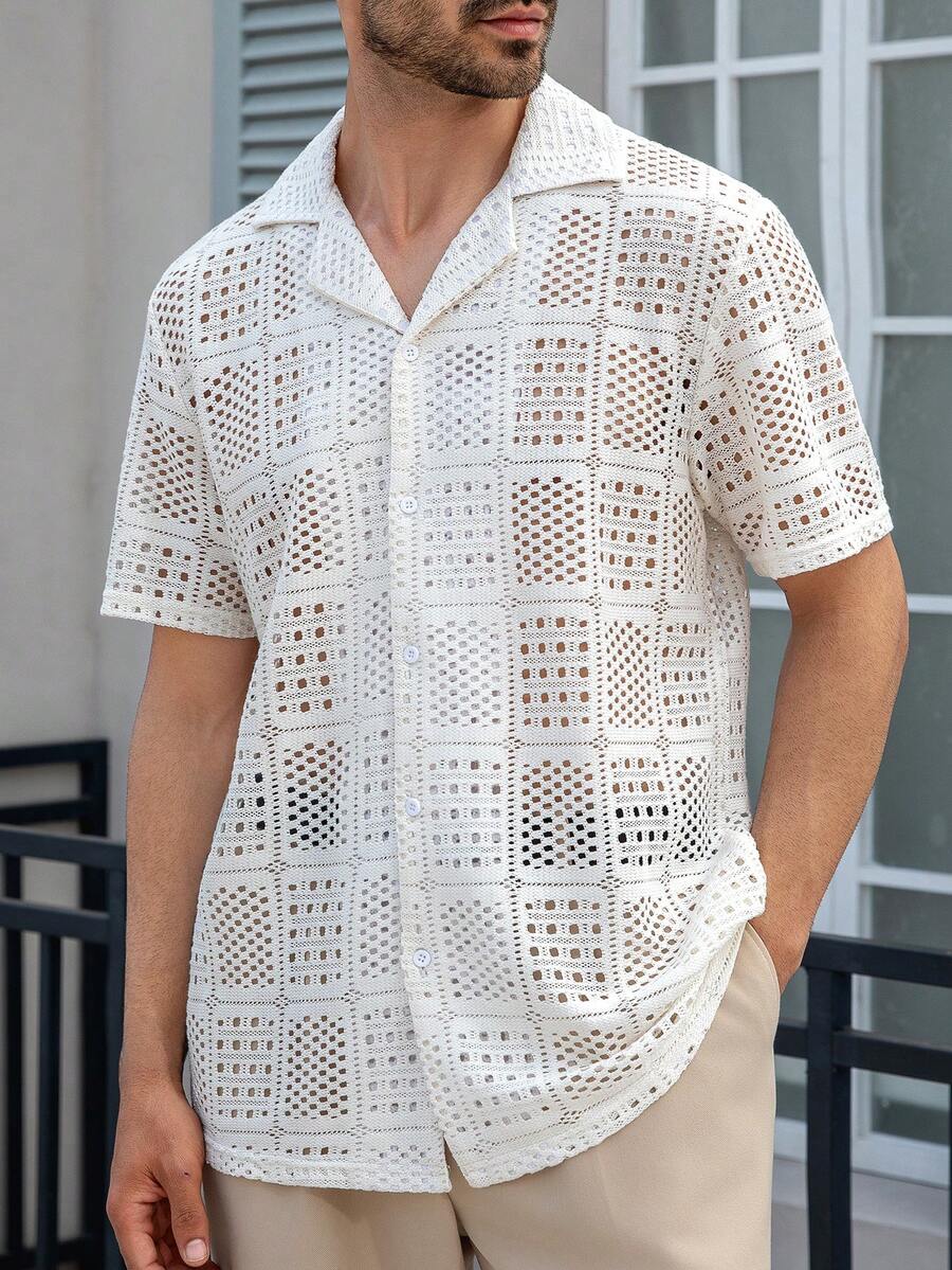 男士领提花休闲短袖衬衫 - 杏色 - 查看 1