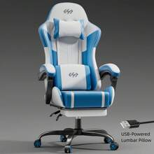 HLDIRECT Gaming Chair With Pocket Spring Cushion, Video Game Chair, Gaming Computer Chair, Ergonomic Chairs For Adults With Headrest And Lumbar Support, Swivel PU Leather Office Chair, White & Blue - 藍白色 - 查看 8