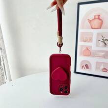 1 pieza Funda de teléfono con forma de corazón con soporte y cordón, compatible con iPhone 17/17 Air/17 Pro/17 Pro Max/16/7/8/11/12/13/14/15/X/XR/Xs/Plus/Pro/Pro Max/SE2 - Burdeos - Ver 5