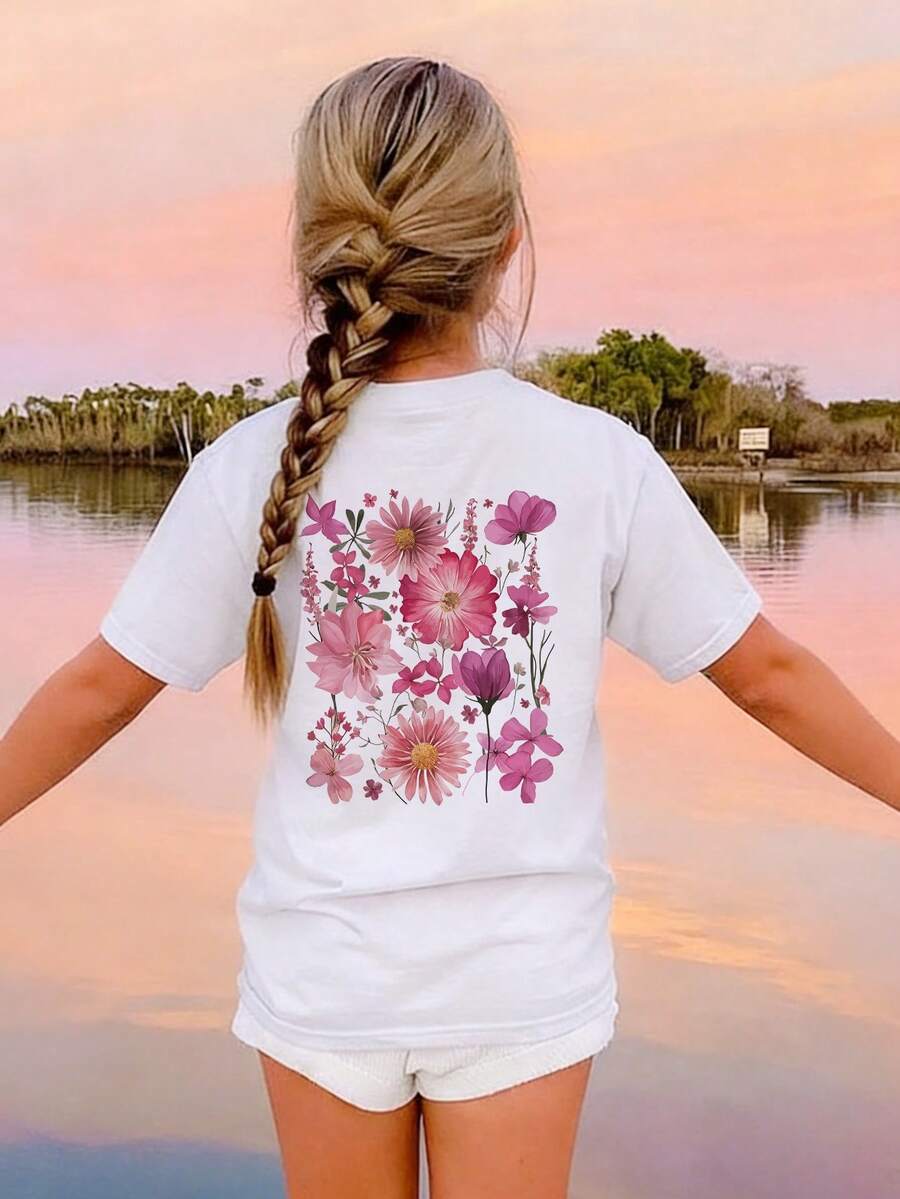 休闲印花圆领短袖T恤，适合女孩和儿童穿着 - 充满活力的花朵图案，展现活泼的生活方式，激发想象力和自我表达！童装，女孩图案T恤，夏季上衣，青少年时尚 - 白色 - 查看 1
