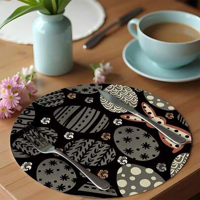 2/4/6/8/16pcs Set Flower & Round Easter Black Placemats, 1pc White Polka Dot Bunny & Flower Easter Egg Spring Dining Table Placemats, Suitable For Kitchen, Dining Room, Easter Seasonal Holiday Decor