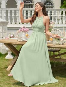 Volly Toych Đầm maxi phù dâu bằng chiffon màu xanh lá cây nhạt, không tay, cổ cao, thanh lịch, với phần ngực xếp ly và eo nhún, thích hợp cho những đám cưới trang trọng mùa xuân. - đồ ngọc bích - Xem 5