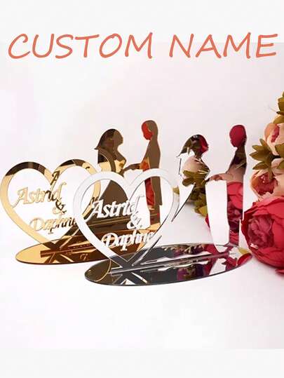 Customized Acrylic Reflective Mirror Engagement Desktop Decor - Size: 15cm X 20cm. Elegant Names Like "& Daphne" Are Engraved On The Heart-Shaped Frame, Along With A Loving Couple's Silhouette.