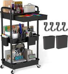 3 Tier Rolling Utility Cart Organizer With Removable Drawer, Stable And Sturdy Black Rolling Storage Carts With 2 Lockable Wheels For Bathroom, Kitchen, Snack, Craft, Makeup, Baby Essentials,Christmas Gifts - 黑色 - 查看 1