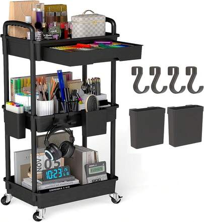 3 Tier Rolling Utility Cart Organizer With Removable Drawer, Stable And Sturdy Black Rolling Storage Carts With 2 Lockable Wheels For Bathroom, Kitchen, Snack, Craft, Makeup, Baby Essentials,Christmas Gifts