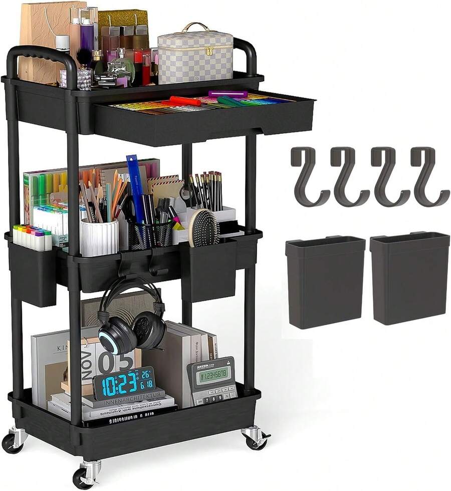 3 Tier Rolling Utility Cart Organizer With Removable Drawer, Stable And Sturdy Black Rolling Storage Carts With 2 Lockable Wheels For Bathroom, Kitchen, Snack, Craft, Makeup, Baby Essentials,Christmas Gifts - 黑色 - 查看 1