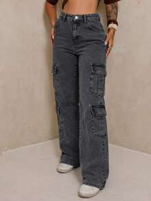 Women's Wide Leg Cargo Jeans With 4 Pockets - Dark Grey - View 1