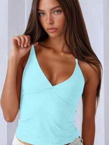 Minimalist Halter Top With V-Neck And Neck Tie - Summer - 淺藍色 - 查看 1