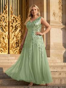 Đầm dạ hội cỡ lớn EVERPRETTY, đầm dài màu xám xanh thanh lịch với chân váy xòe, thêu và đính sequin, cổ chữ V, đầm dự tiệc cưới cho nữ, màu đen, đầm dự tiệc mùa xuân. - Màu xanh Bạc hà - Xem 6