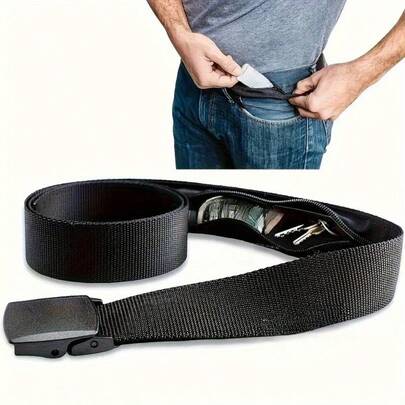 1个装黑色隐形钱袋安全腰带 - 涤纶防盗钱包腰带 - 隐藏式拉链现金收纳袋 - 休闲多功能旅行配件