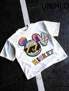 Disney UNIHLO Mickey  Print  Summer Casual Versatile Pure Cotton T-Shirt Suitable For Any Place - 白色 - 查看 2