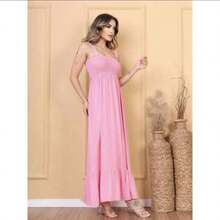Women's Long Dress With Elastic And Adjustable Straps, Casual Style. - 深粉紅色 - 查看 2