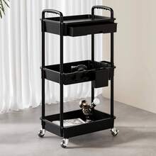 3 Tier Rolling Utility Cart Organizer With Removable Drawer, Stable And Sturdy Black Rolling Storage Carts With 2 Lockable Wheels For Bathroom, Kitchen, Snack, Craft, Makeup, Baby Essentials,Christmas Gifts - 黑色 - 查看 11