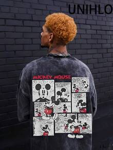 Disney UNIHLO  Mickey    Printed Summer Heavyweight Retro Washed Street Fashion Casual T-Shirt - Black - View 3