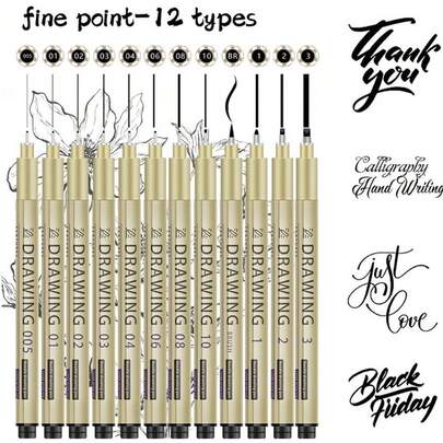 6/9/12pcs Black Ink Drawing Pen Set, Felt Tip Markers, Alcohol Based Markers, Smooth Ink Flow, Comprehensive Color Classification, Stackable Colors, Strong Coverage, Felt Tip Pens Stationery Set Suitable For Sketching, Cartoon Drawing, Canvas, Rock Painting, Wood, Glass, Ceramic, Textile Painting, DIY Crafts