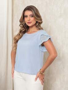 Onlyone - Women's Blouse In Viscose With A Linen Touch, Lace Sleeves, Comfortable, Lightweight, Casual, Elegant, For Work And Everyday Wear. - Màu xanh nhạt - Xem 4