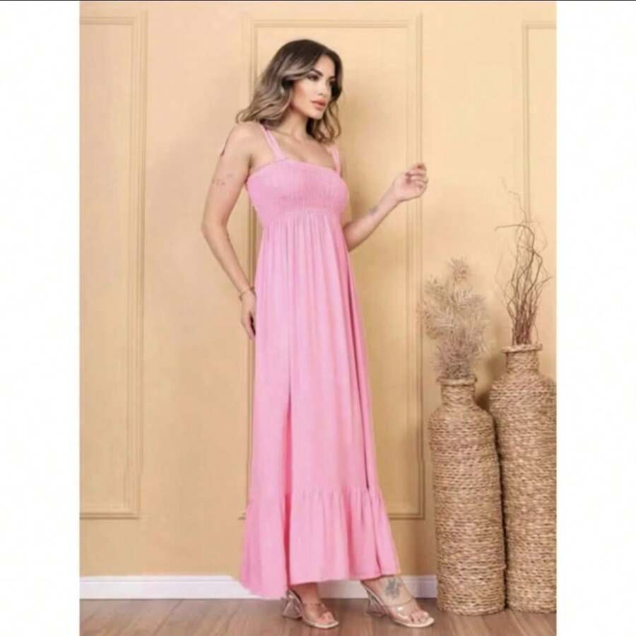 Women's Long Dress With Elastic And Adjustable Straps, Casual Style. - 深粉紅色 - 查看 1
