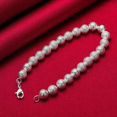 8mm Matte Bead Ball Chain 925 Sterling Silver Plated Bracelet For Woman Engagement Wedding Jewelry