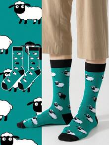 1双男士绿色卡通可爱绵羊图案个性化艺术设计透气船袜，适合旅行、居家、办公、节日礼物 - 彩色 - 查看 2