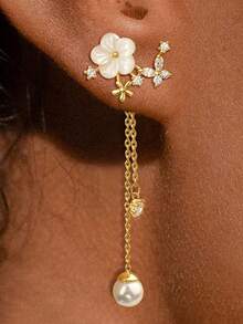 rundraw 女士垂坠珍珠耳环，长款穿线链，精致花朵婚礼耳环，新娘耳环，镶嵌锆石，可爱14K金，闪亮夺目首饰 - 金色 - 查看 6