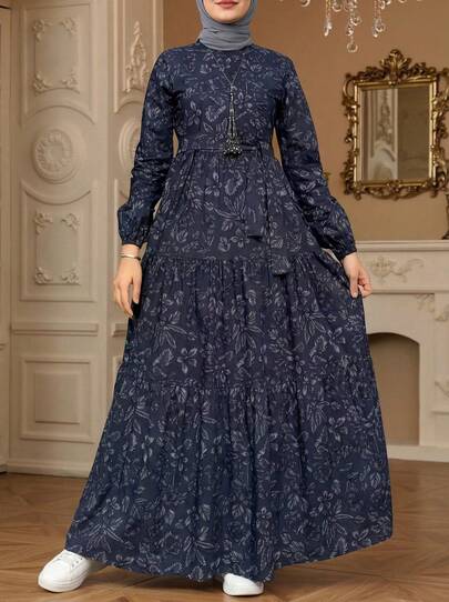 Solessence Women's Navy Blue Floral Print Long Sleeve Dress With Belt