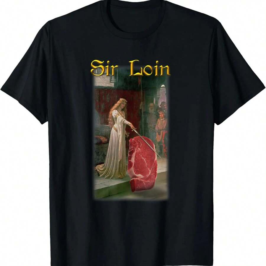 100% Cotton Sir Loin Funny Sirloin Steak Joke Medieval Accolade Art T-Shirt - Black - View 1