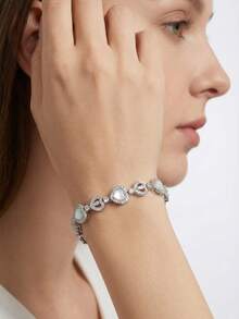 1 Set Luxury Elegant Cubic Zirconia Inlaid Heart Design Bracelet, Suitable For Women's Wedding & Party Wear, Excluding Gift Box - Silver - View 8