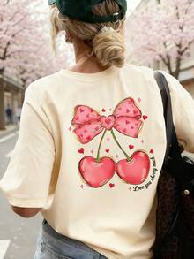 女士夏季情人节新款简约蝴蝶结爱心印花休闲度假宽松百搭圆领驼色短袖T恤，时尚日常上衣，适合日常度假和情人节约会 - 杏色 - 查看 6