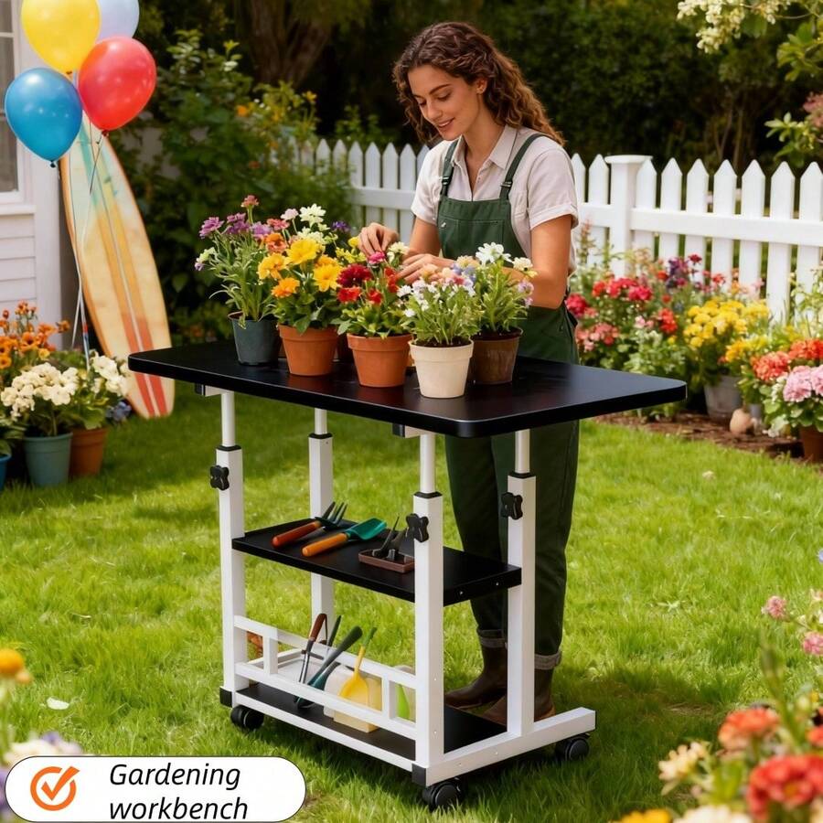 Heavy-Duty Height-Adjustable Multi-Functional Garden Workbench | Metal Frame, Large Worktop, With Four Braked Casters, Suitable For Offices, Bedrooms, Patios, Gardens/Gardens, Etc. Durable And Easy To Clean, Can Be Used As A Planter Table Or Outdoor - 黑色 - 查看 1