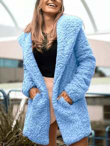 Women's Teddy Coat With Hood And Pocket For Winter - Super Fashionable!! - Celeste - Ver 1