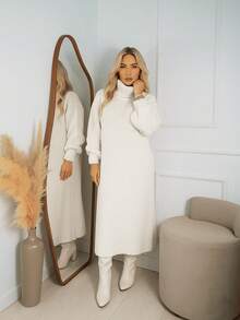 Women's White Winter Dress, Long Sleeve, Premium Mousse Knit, High Neck, Puff Sleeves, Flanged Stitch, Cutout Detail, Elegant Women's Dresses, Casual Chic Fashion For Evening, Comfortable Fit, Modern Design, Autumn/Winter - 白色 - 查看 2