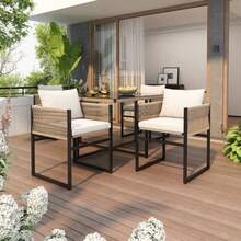 5-Piece Garden Dining Set, 1 Dining Table & 4 Stackable Chairs, Fine Rope & Iron Construction, 5mm Thick Safety Glass Tabletop, Outdoor Seating Group - Beige+Black - View 3