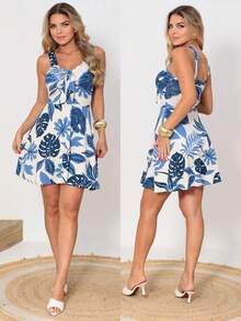 Women's Mini Dress, Loose Fit, Tropical Print, Blue, With Tie At The Bust, Adjustable Thin Straps, V-Neck, Defined Waist, Flared Skirt, Casual, Elegant, Summer, Beachwear, Travel, Vacation, Lightweight And Comfortable Look - 白色和藍色 - 查看 6