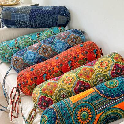 1pc Bohemian Style Cylindrical Pillow Christmas Gift, With Filling, Washable Decorative Pillow, Tie Closure For Neck, Back And Waist Support, Suitable For Bedroom, Sofa, Office Etc., 19.69" L X 7.87" W Candy Pillow, Polyester Fabric Cover, Ergonomic Neck Support, Removable Cover