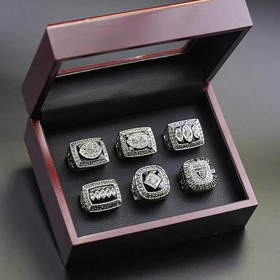 LAS VEGAS RUGBY 6-TIMES WORLD CHAMPIONSHIP RING, 6 RINGS SET WITH 6-HOLE WOODEN DISPLAY BOX PACKAGING, SILVER STYLE GIFT SET HOLIDAY GIFT FOR BASEBALL FANS - Silver - View 1