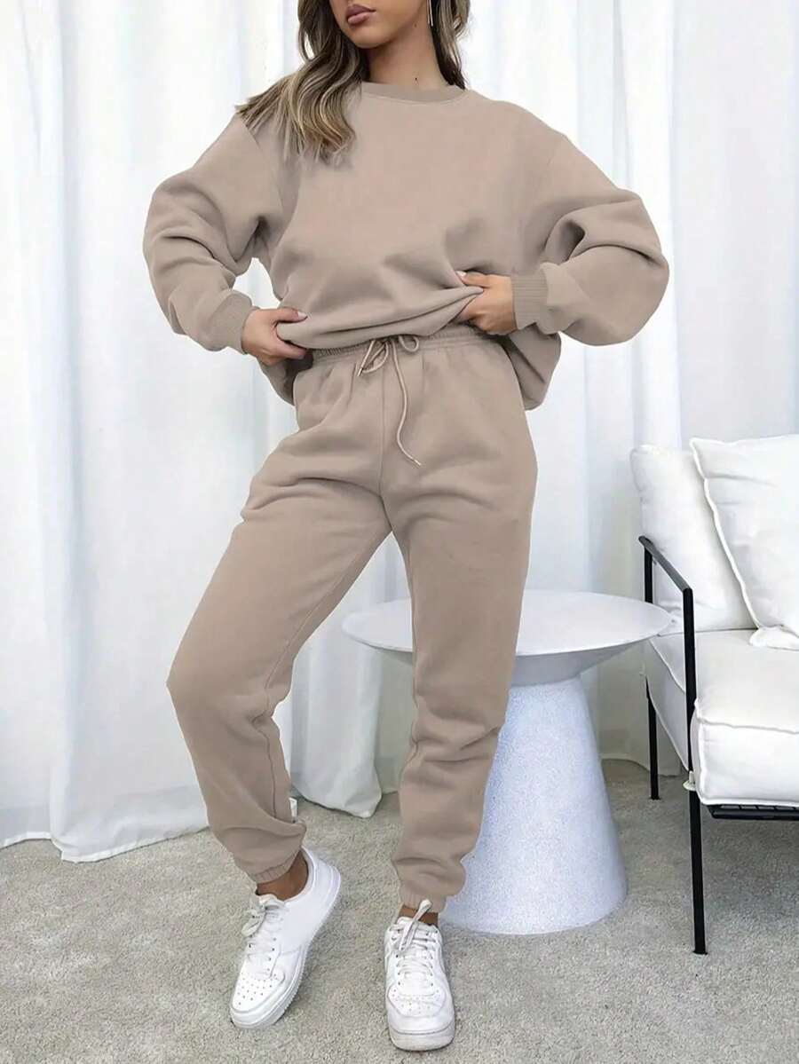Women's Autumn And Winter Simple Solid Color Loose Pullover Sweatshirt + Solid Color Elastic Waist Cuff Trousers Casual Fashion Home Commuting All-Match Two-Piece Suit - 米色1 - 查看 1