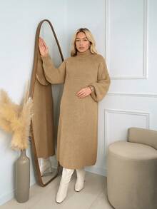 Women's Beige Camel Winter Dress, Long Sleeve, Premium Mousse Knit, High Neck, Puff Sleeves, Flanged Stitch Detail, Elegant Women's Dresses, Casual Chic Fashion For Evening, Comfortable Fit, Modern Design, Autumn/Winter - màu be lạc đà - Xem 1