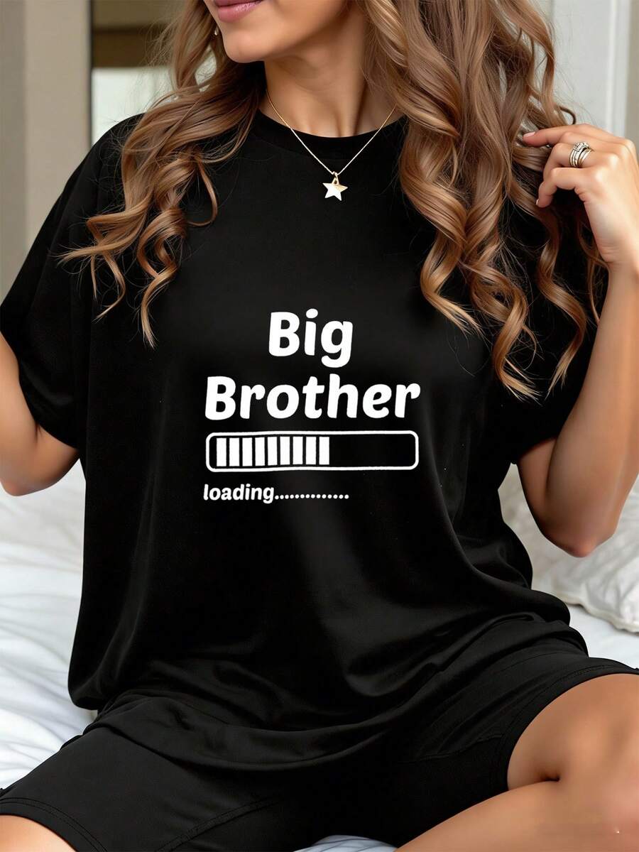 Playeras Camisetas Hombre Caballero Juvenil Basico Liso Manga Corta Algodón 100% Ropa de Vestir Negro gráfico frase divertida Big Brother loading barra de progreso ideal para anunciar futuro hermano mayor recomendado para familias y sesiones de fotos - Negro - Ver 1