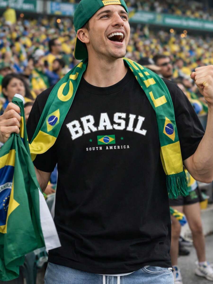 Men's T-Shirt Brazil Print Brazil Summer Spring / Autumn Loose - Negro - Ver 1