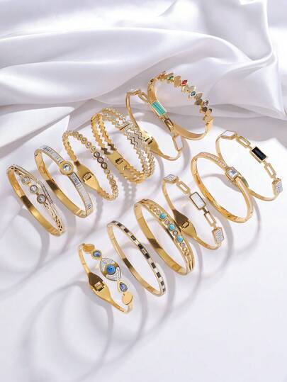 Juego de pulseras de elemento geométrico de acero inoxidable, accesorios de muñeca con diseño abierto enchapado en oro con gemas multicolor incrustadas
